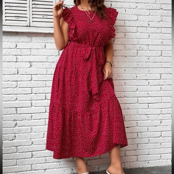 Plus Size Polka Dot Print Butterfly Sleeve Ruffle Hem Belted Dress - Picture 4 of 5